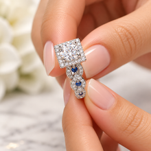 Load image into Gallery viewer, Round Cut Moissanite And Cvd Diamonds And Sapphire Sides Engagement Ring 14K Solid White Gold Bridal Ring Halo Wedding Propose Ring 2.00