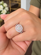 Load image into Gallery viewer, Cushion Cut And Round Cut Diamonds And Pink Sapphires Engagement Ring And Two Bands IGI Certified 14K White And Rose Gold Double Halo 3.00ct