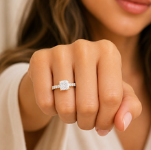 Load image into Gallery viewer, Asscher Cut and Round Cut Three Sides Moissanite Engagement Ring Prong Set Wedding Bridal Ring IGI Certified 14K Solid Yellow Gold 3.00ctw