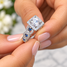 Load image into Gallery viewer, Round Cut Moissanite And Cvd Diamonds And Sapphire Sides Engagement Ring 14K Solid White Gold Bridal Ring Halo Wedding Propose Ring 2.00