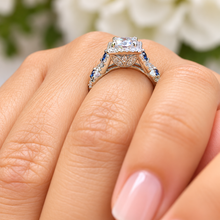 Load image into Gallery viewer, Round Cut Moissanite And Sapphire Halo Engagement Ring Set In 14K Solid White Gold Bridal Ring Braided Style Wedding Propose Ring 2.00ctw