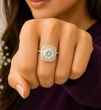 Load image into Gallery viewer, Cushion Cut Moissanite And Round Cut Engagement Ring 14k Solid White And Yellow Gold Bridal Wedding Ring Double Halo Style Split Shank 6.50