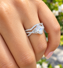 Load image into Gallery viewer, Princess Cut Moissanite & Round Cut Halo Twisted Shank Bridal Ring Set 14K White Gold 1.80 CTW