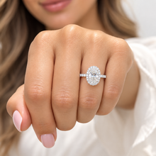 Load image into Gallery viewer, Oval Shape Moissanite And Round Cut Sides Engagement Ring Halo Style Wedding Ring Bridal Women Propose Ring 14k Solid White Gold 2.50ctw