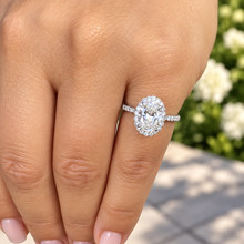 Load image into Gallery viewer, Oval Shape Moissanite And Round Cut Sides Engagement Ring Halo Style Wedding Ring Bridal Women Propose Ring 14k Solid White Gold 2.50ctw