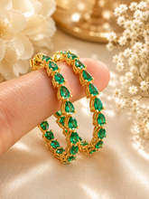 Load image into Gallery viewer, Pear Shape Green Emerald Hoop Earrings Prong set Inside Out Style 14k Solid Yellow Solid Gold Huge 8.00ctw Bridal Wedding Gift For Her
