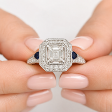 Load image into Gallery viewer, Asscher Cut Moissanite and Round Cut Sides Sapphire Engagement Ring Antique Halo Style Wedding Ring 14k Solid White Gold Bridal Ring 1.80ctw