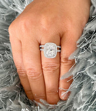 Load image into Gallery viewer, GIA Certified Natural Cushion Cut And Round Cut Diamond Engagement Ring And Matching Band 14k Solid White Gold Double Halo Bridal Set 2.15ctw