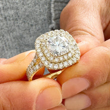 Load image into Gallery viewer, GIA Certified Natural Cushion Cut And Round Cut Diamond Engagement Ring Double Halo 14k Solid Yellow Gold Bridal Halo Wedding Ring 2.70ctw