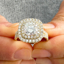 Load image into Gallery viewer, GIA Certified Natural Cushion Cut And Round Cut Diamond Engagement Ring Double Halo 14k Solid Yellow Gold Bridal Halo Wedding Ring 2.70ctw