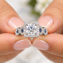 Load image into Gallery viewer, Round Cut Moissanite And Cvd Diamonds And Sapphire Sides Engagement Ring 14K Solid White Gold Bridal Ring Halo Wedding Propose Ring 2.00