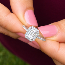 Load image into Gallery viewer, Emerald Cut Moissanite Center And Round Cut Sides Engagement Ring Halo Style Minimalist Bridal Wedding Ring Set In 14k Solid White Gold 1.50