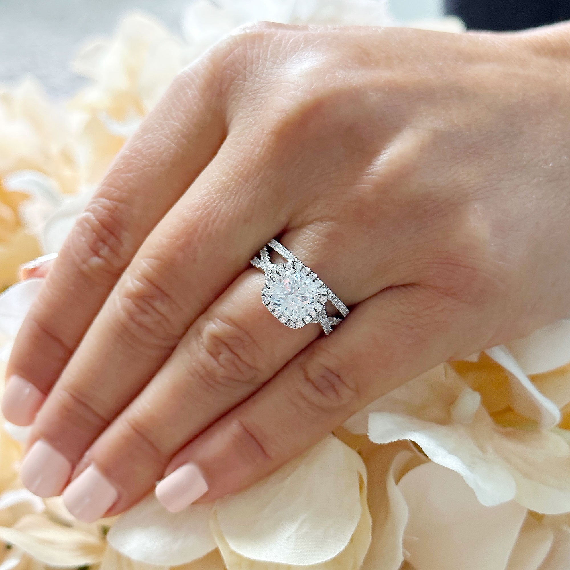 14k Solid White Gold Cushion Cut Moissanite and Natural Diamond