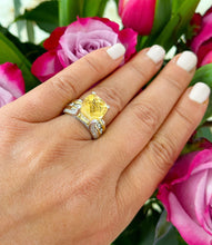Load image into Gallery viewer, Huge, Women&#39;s 14k solid white and yellow gold cushion cut yellow citrine and natural diamond engagement ring Bridal Wedding 5.80ctw
