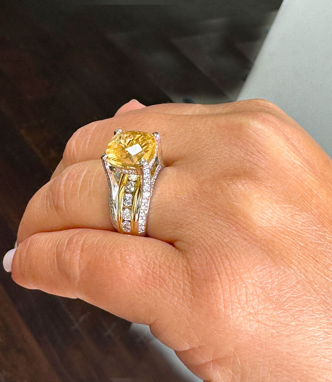 Huge, Women's 14k solid white and yellow gold cushion cut yellow citrine and natural diamond engagement ring Bridal Wedding 5.80ctw