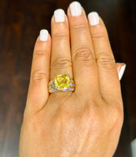 Load image into Gallery viewer, Huge, Women's 14k solid white and yellow gold cushion cut yellow citrine and natural diamond engagement ring Bridal Wedding 5.80ctw