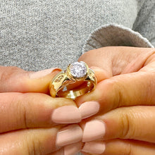 Load image into Gallery viewer, 14k Solid Yellow Gold Round Cut Forever One Moissanite Engagement Ring Semi Bezel Set, Bridal, Wedding 1.25ct
