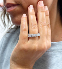 Load image into Gallery viewer, Large 14K Solid White Gold Round Cut Moissanite Eternity Band Three sided Deco, Bridal, Wedding, 4.50mm 5.50ct