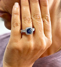 Load image into Gallery viewer, 14k Solid White Gold Simulated Cushion Cut sapphire and Round Cut Natural Diamonds Engagement Ring Prong Set Halo 4.00ctw