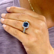 Load image into Gallery viewer, 14k Solid White Gold Simulated Cushion Cut sapphire and Round Cut Natural Diamonds Engagement Ring Prong Set Halo 4.00ctw