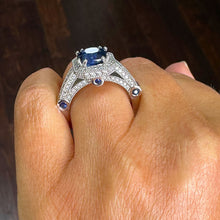 Load image into Gallery viewer, 14k Solid White Gold Simulated Cushion Cut sapphire and Round Cut Natural Diamonds Engagement Ring Prong Set Halo 4.00ctw