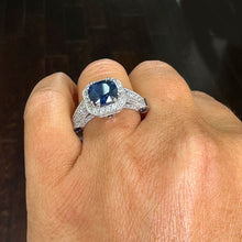 Load image into Gallery viewer, 14k Solid White Gold Natural Cushion Cut sapphire and Round Cut Natural Diamonds Engagement Ring Prong Set Halo 4.00ctw