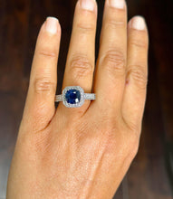 Load image into Gallery viewer, 14k Solid White Gold Simulated Cushion Cut sapphire and Round Cut Natural Diamonds Engagement Ring Prong Set Halo 4.00ctw