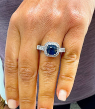 Load image into Gallery viewer, 14k Solid White Gold Simulated Cushion Cut sapphire and Round Cut Natural Diamonds Engagement Ring Prong Set Halo 4.00ctw