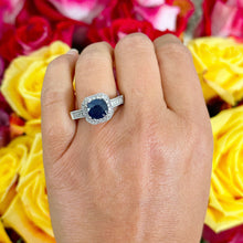 Load image into Gallery viewer, 14k Solid White Gold Simulated Cushion Cut sapphire and Round Cut Natural Diamonds Engagement Ring Prong Set Halo 4.00ctw