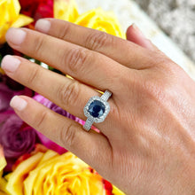 Load image into Gallery viewer, 14k Solid White Gold Simulated Cushion Cut sapphire and Round Cut Natural Diamonds Engagement Ring Prong Set Halo 4.00ctw