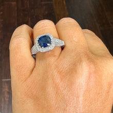 Load image into Gallery viewer, 14k Solid White Gold Simulated Cushion Cut sapphire and Round Cut Natural Diamonds Engagement Ring Prong Set Halo 4.00ctw