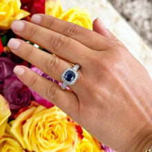 Load image into Gallery viewer, 14k Solid White Gold Simulated Cushion Cut sapphire and Round Cut Natural Diamonds Engagement Ring Prong Set Halo 4.00ctw