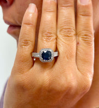 Load image into Gallery viewer, 14k Solid White Gold Natural Cushion Cut sapphire and Round Cut Natural Diamonds Engagement Ring Prong Set Halo 4.00ctw