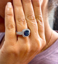 Load image into Gallery viewer, 14k Solid White Gold Simulated Cushion Cut sapphire and Round Cut Natural Diamonds Engagement Ring Prong Set Halo 4.00ctw