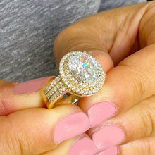 Load image into Gallery viewer, GIA 14k Solid Yellow Gold Oval Cut and Natural Round Cut Diamond Engagement Ring Double Halo Triple Shank 2.70ctw