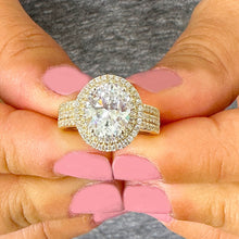 Load image into Gallery viewer, GIA 14k Solid Yellow Gold Oval Cut and Natural Round Cut Diamond Engagement Ring Double Halo Triple Shank 2.70ctw