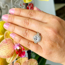 Load image into Gallery viewer, 14k Solid Yellow Gold Oval Cut Moissanite and Natural Diamond Engagement Ring Double Halo Triple Shank, Bridal, 2.70ctw