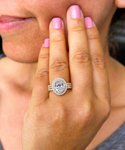 Load image into Gallery viewer, 14k Solid Yellow Gold Oval Cut Moissanite and Natural Diamond Engagement Ring Double Halo Triple Shank, Bridal, 2.70ctw