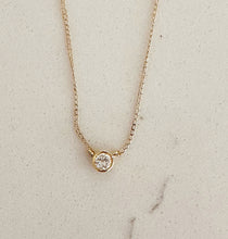 Load image into Gallery viewer, Women's 14k solid yellow gold round moissanite bezel solitaire necklace and chain, Pendant, Bridal, Wedding, Anniversary, 1.00ct