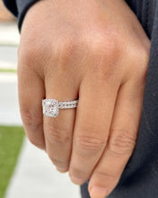 Load image into Gallery viewer, Cushion Cut Moissanite and Round Cut Sides Engagement Ring And Matching Band 14k Solid White Gold Halo Style Wedding Set Bridal Set 3.50ctw