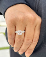 Load image into Gallery viewer, Cushion Cut Moissanite and Round Cut Sides Engagement Ring And Matching Band 14k Solid White Gold Halo Style Wedding Set Bridal Set 3.50ctw