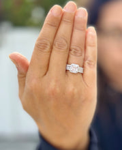 Load image into Gallery viewer, Cushion Cut Moissanite and Round Cut Sides Engagement Ring And Two Matching Band 14k Solid White Gold Halo Style Wedding Set Bridal 4.50ctw