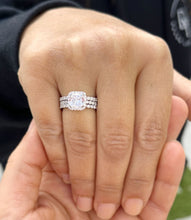 Load image into Gallery viewer, Cushion Cut Moissanite and Round Cut Sides Engagement Ring And Two Matching Band 14k Solid White Gold Halo Style Wedding Set Bridal 4.50ctw