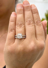 Load image into Gallery viewer, Cushion Cut Moissanite and Round Cut Sides Engagement Ring And Curved Matching Band 14k Solid White Gold Halo Style Wedding Bridal Set 3.00