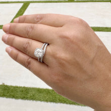 Load image into Gallery viewer, Cushion Cut Moissanite and Round Cut Sides Engagement Ring And Curved Matching Band 14k Solid White Gold Halo Style Wedding Bridal Set 3.00
