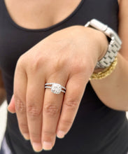 Load image into Gallery viewer, Cushion Cut Moissanite and Round Cut Sides Engagement Ring And Curved Matching Band 14k Solid White Gold Halo Style Wedding Bridal Set 3.00