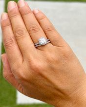 Load image into Gallery viewer, Cushion Cut Moissanite and Round Cut Sides Engagement Ring And Curved Matching Band 14k Solid White Gold Halo Style Wedding Bridal Set 3.00