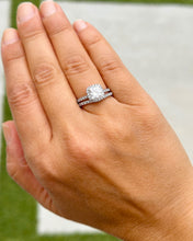 Load image into Gallery viewer, Cushion Cut Moissanite and Round Cut Sides Engagement Ring And Curved Matching Band 14k Solid White Gold Halo Style Wedding Bridal Set 3.00