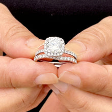Load image into Gallery viewer, Cushion Cut Moissanite and Round Cut Sides Engagement Ring And Curved Matching Band 14k Solid White Gold Halo Style Wedding Bridal Set 3.00