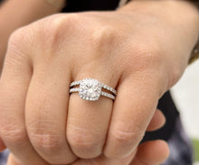 Load image into Gallery viewer, Cushion Cut Moissanite and Round Cut Sides Engagement Ring And Curved Matching Band 14k Solid White Gold Halo Style Wedding Bridal Set 3.00